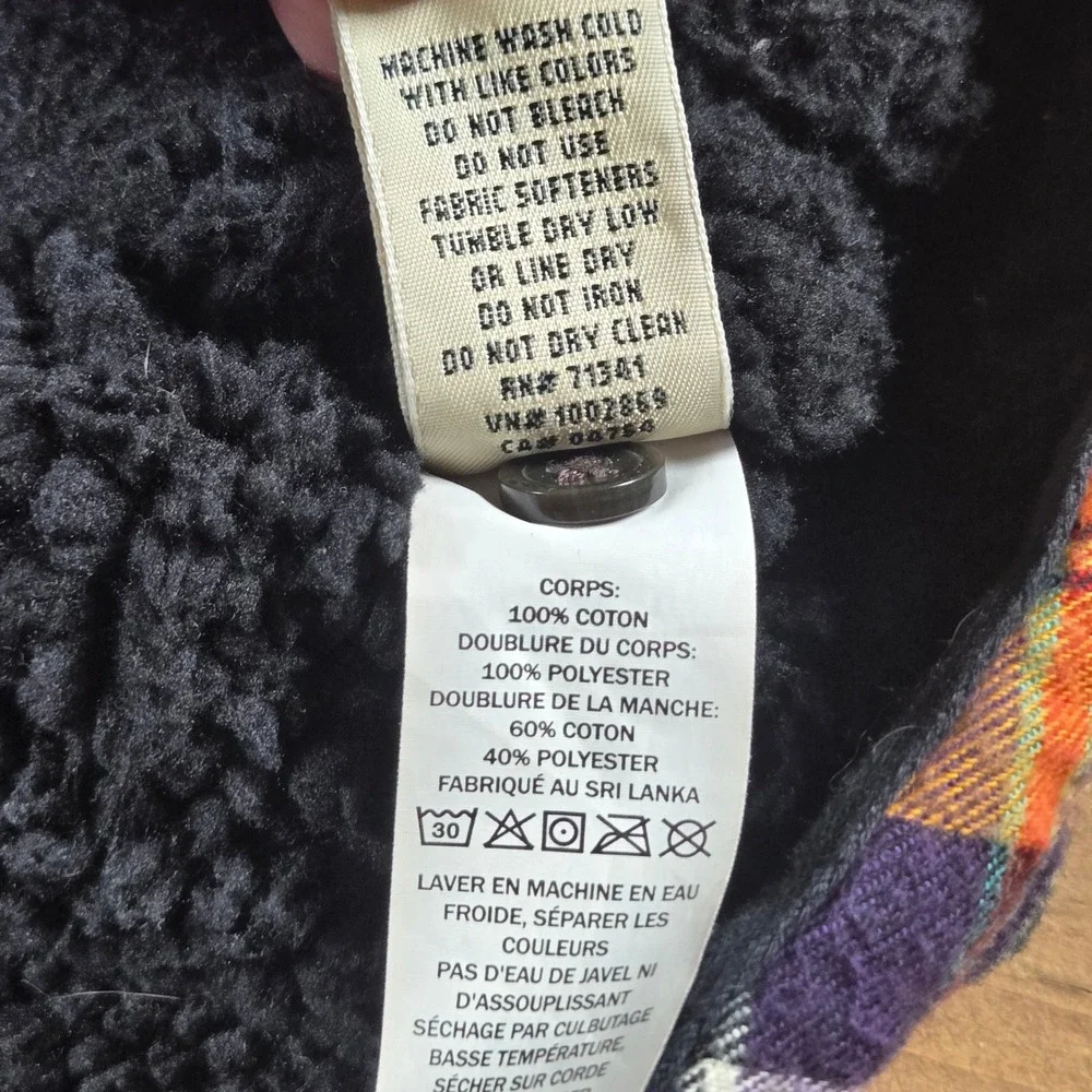 LL Bean Relaxed Fit Sherpa Lined Flannel Hoodie Purple Gold Plaid 505453 Small